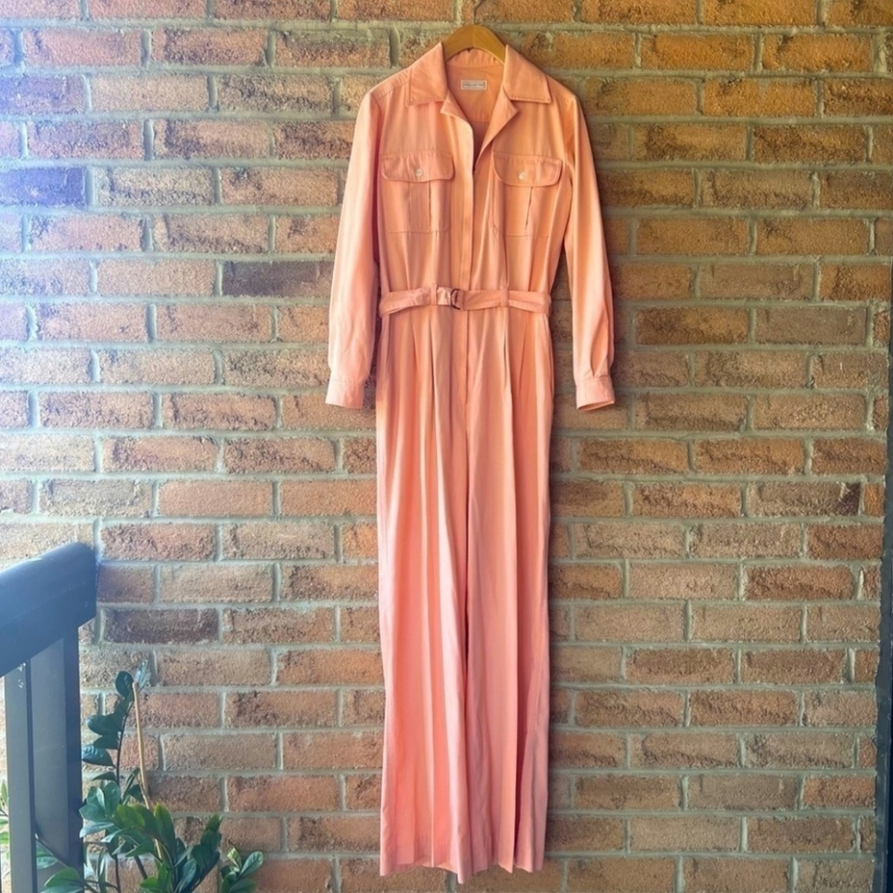 JONES NEW YORK | Peach one piece zip up belted pocketed retro vintage jumpsuit